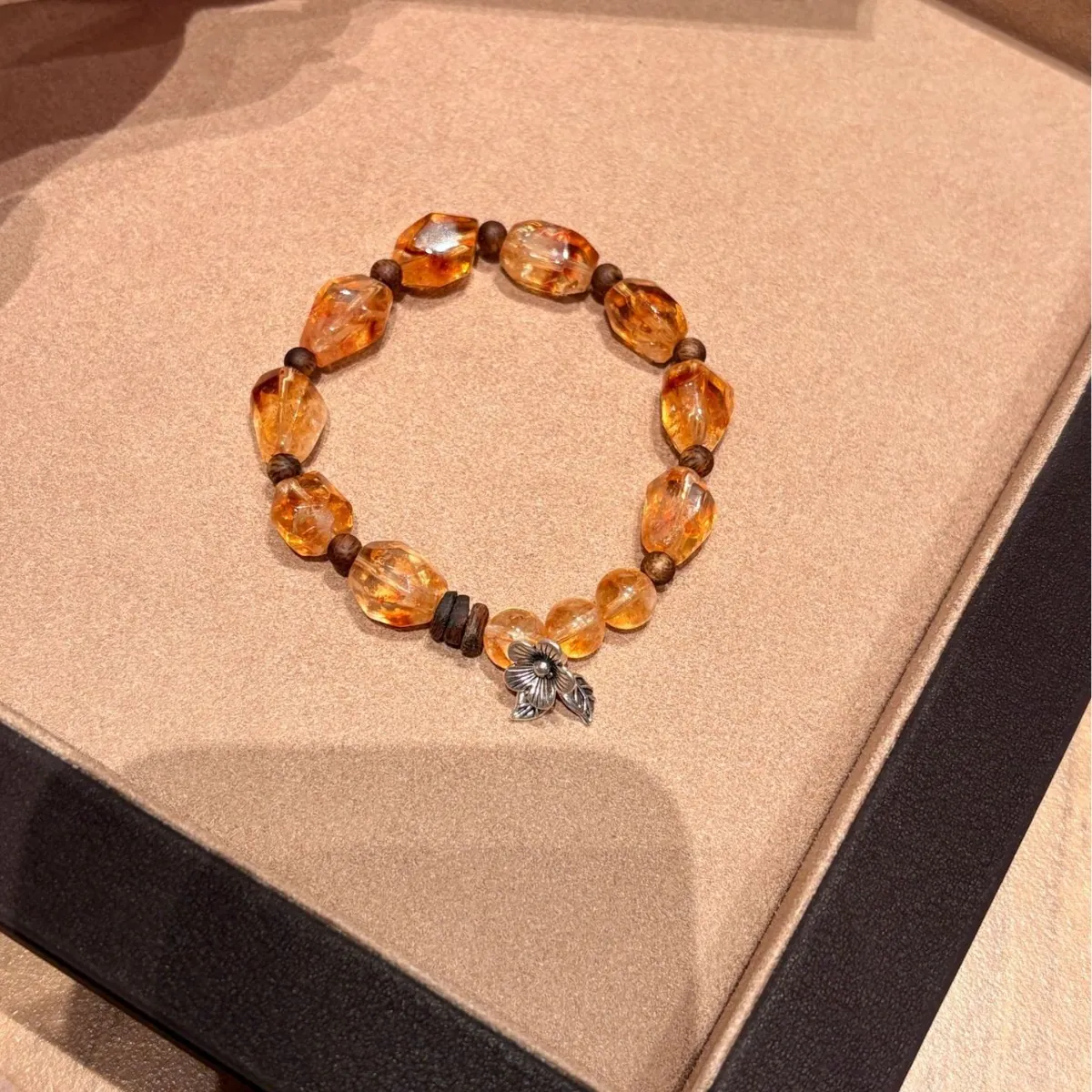 Natural Citrine Crystal Beaded Bracelet | Faceted Yellow Tower Stone with Lotus Charm