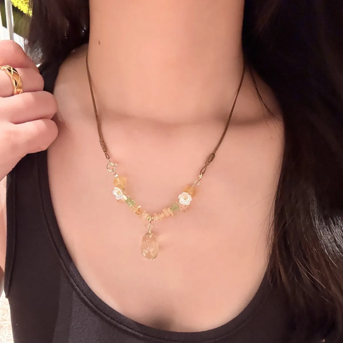 Lemon Yellow Crystal Pendant Necklace on Handwoven Cord