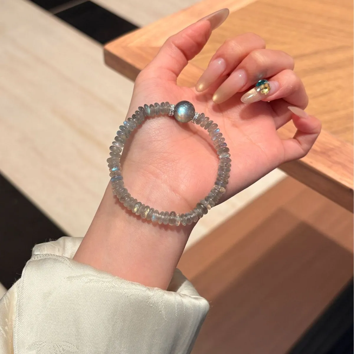 Labradorite Rondelle Bracelet | Gray Moonstone Beaded Bracelet with Focal Bead for Women