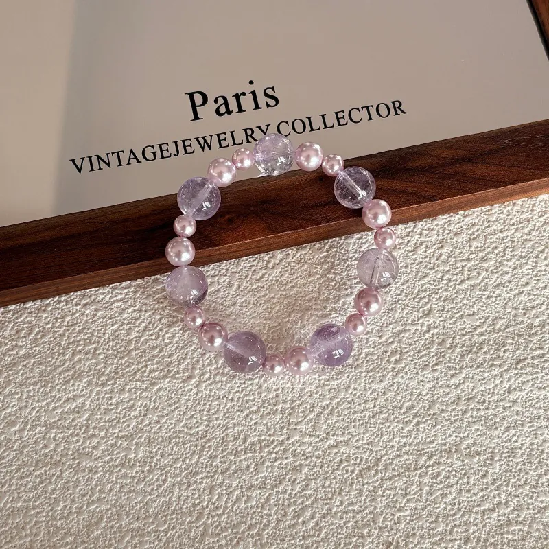 Amethyst and Pearl Beaded Bracelet | 10mm Purple Crystal Bracelet for Women