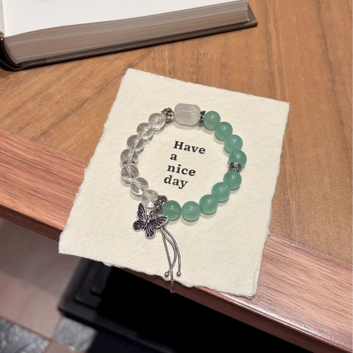 Green Strawberry Crystal Butterfly Bracelet | Clear Quartz Tassel Bracelet for Women