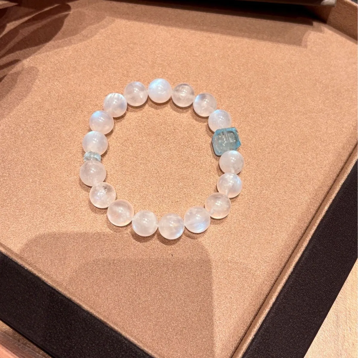 Blue Moonstone & Blue Topaz Beaded Bracelet for Women | 10mm Natural Crystal Stretch Bracelet | Minimalist Luxury Gift for Her