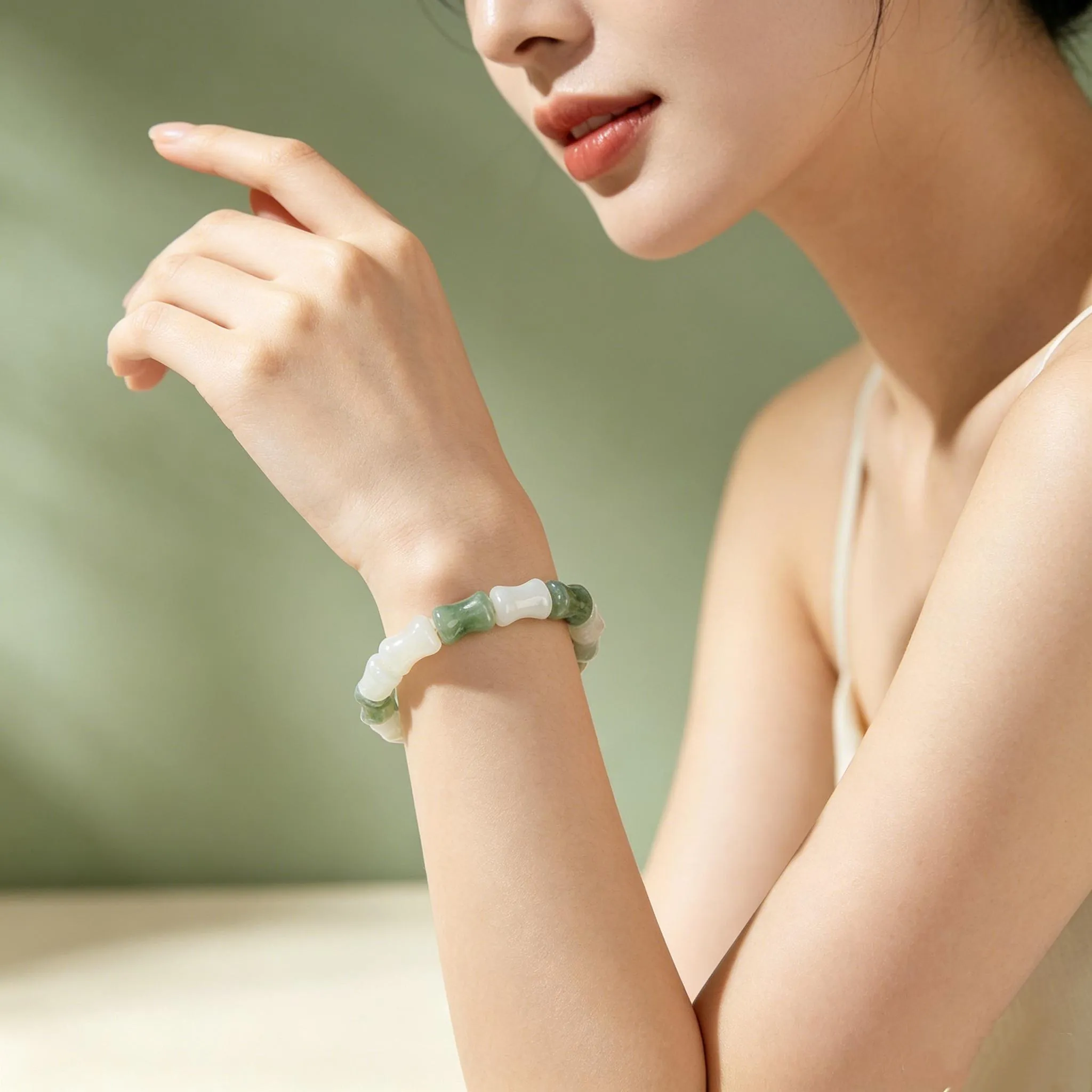 Natural Jade Bamboo Bracelet | Boho Zen Healing Crystal | Adjustable 14-16cm | Women Men Couples Gift | Lucky Charm Wedding Anniversary,Gelang,Tangan