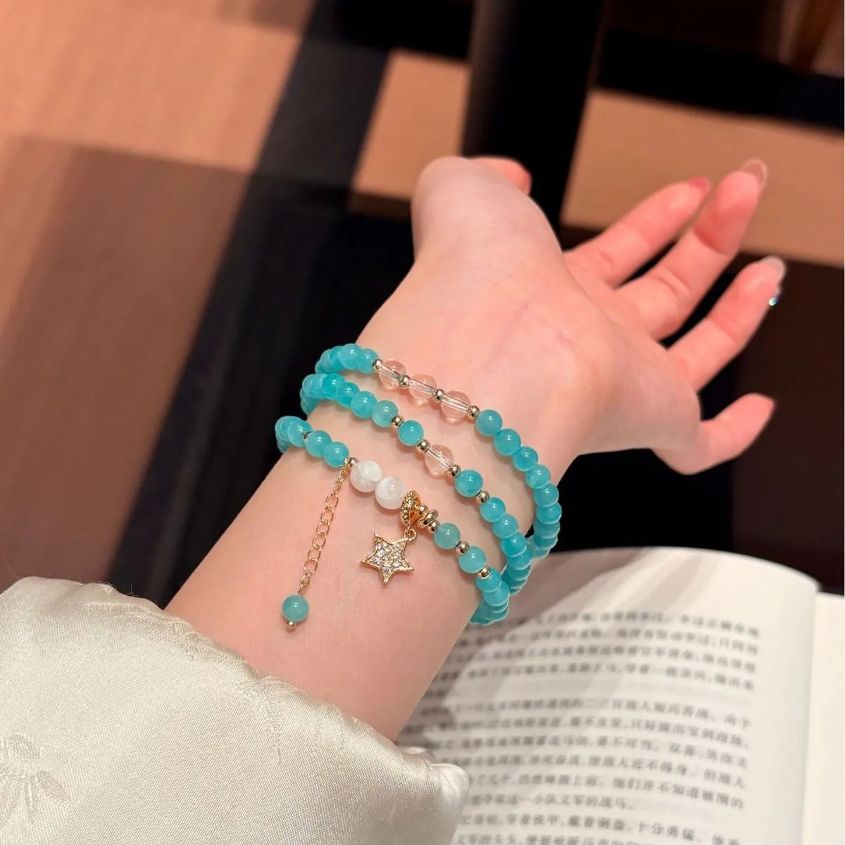 Amazonite Multi-Wrap Star Bracelet | 5mm Crystal Beaded Tassel Bracelet for Women,Gelang,Tangan,Rantai,Kemas,Gaya,Leher,with