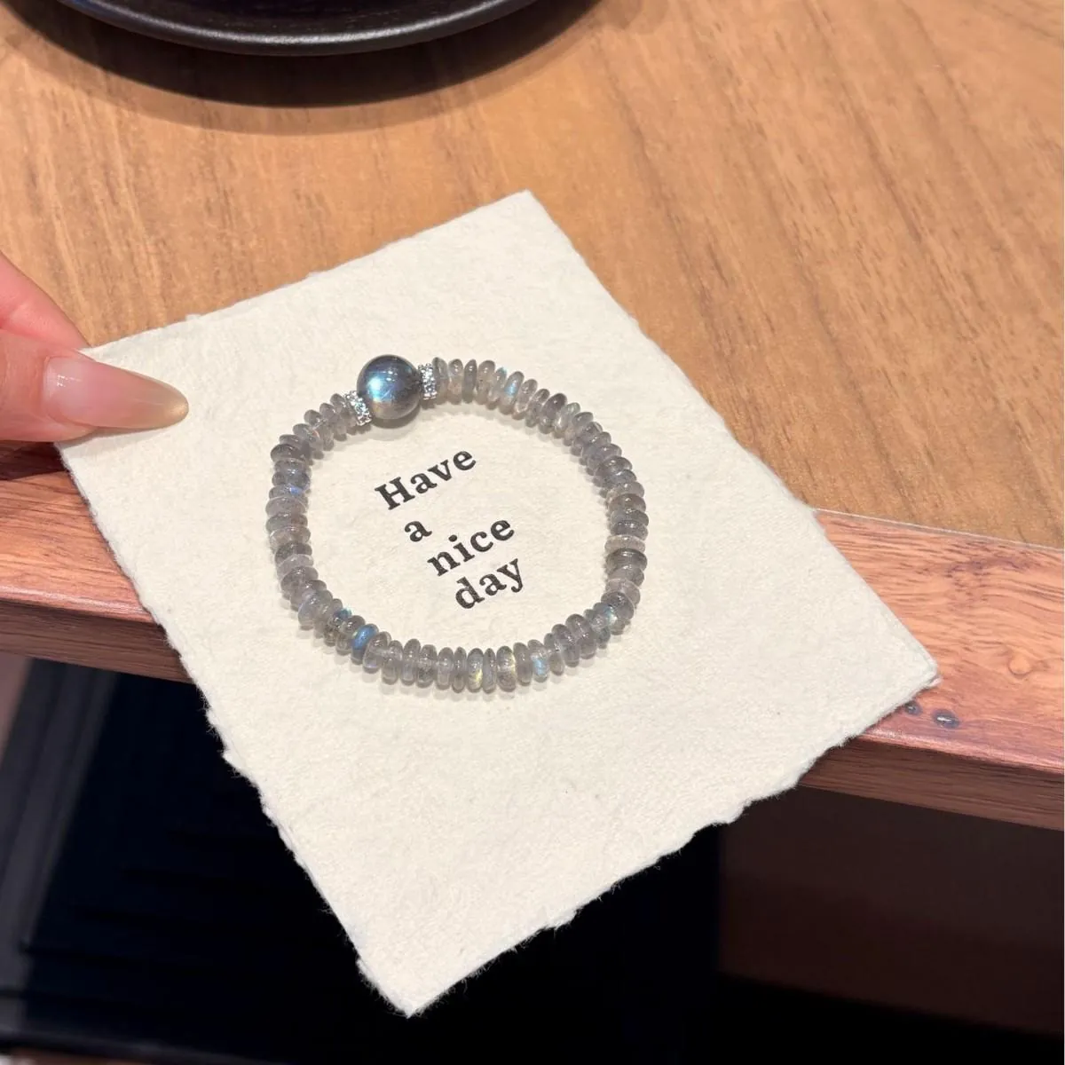Labradorite Rondelle Bracelet | Gray Moonstone Beaded Bracelet with Focal Bead for Women,Gelang,Tangan,Rantai,Kemas,Gaya,Leher,Pink