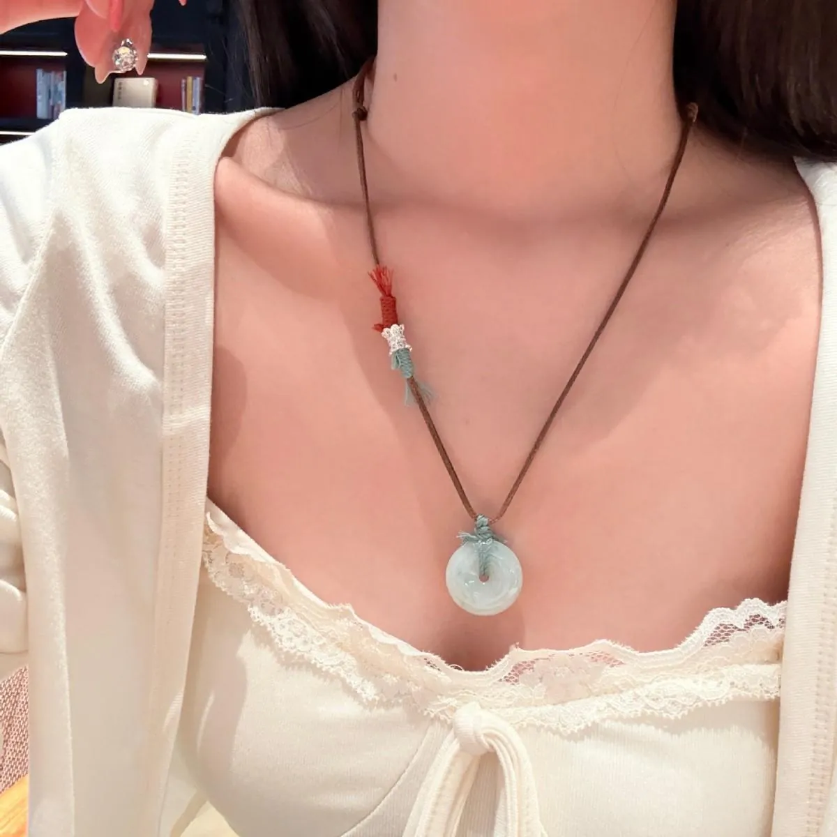 Natural Tianshan Stone Peace Buckle Donut Pendant | Handmade Adjustable Cord Choker | Zen Healing Amulet | Oriental Aesthetic Accessory for Women