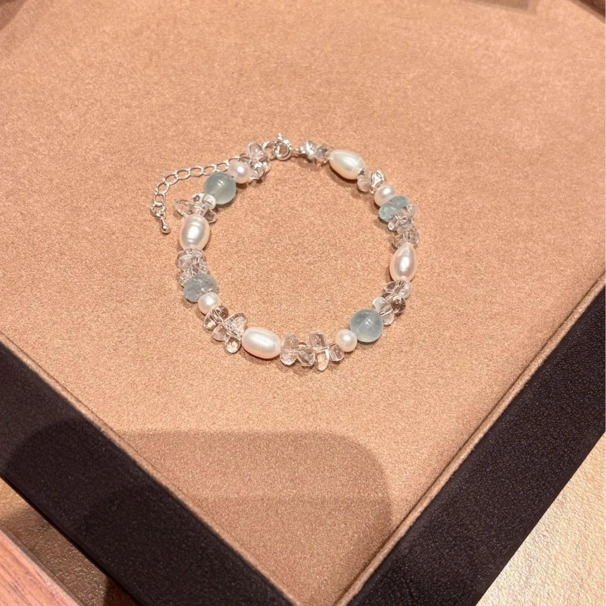 Aquamarine Pearl Crystal Bracelet | Dainty Summer Beach Accessory for Women,Gelang,Tangan,Kemas,Gaya,Rantai,Birthday,with