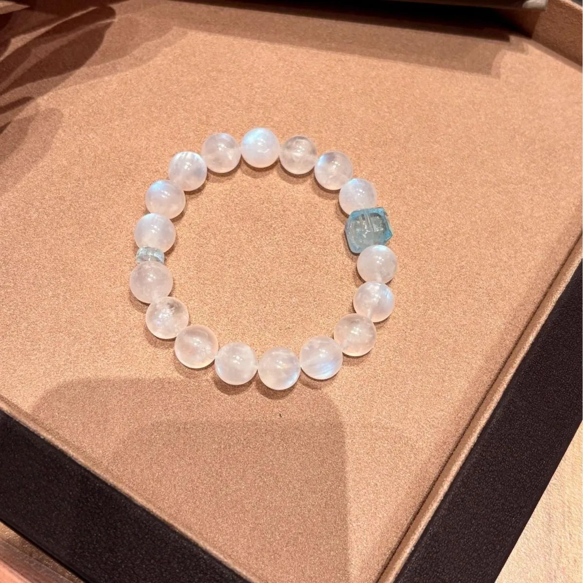 Blue Moonstone & Blue Topaz Beaded Bracelet for Women | 10mm Natural Crystal Stretch Bracelet | Minimalist Luxury Gift for Her,Gelang,Tangan,Kemas,Gaya,Rantai,with