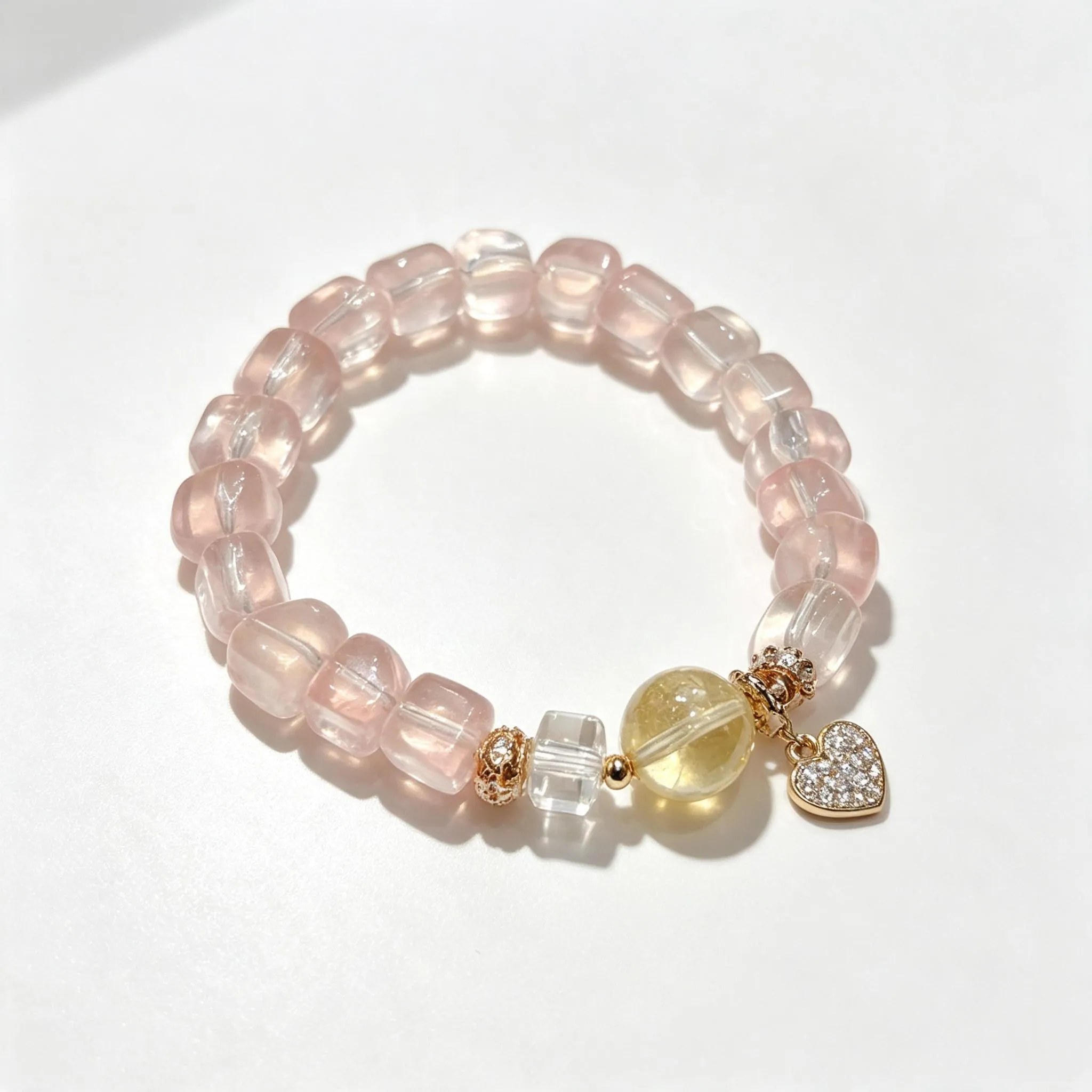 Pink Crystal Heart Bracelet for Women | 8mm Freeform Beads with Honey Yellow Accent | Sweet Gift for Her,Gelang,Tangan,Kemas,Gaya,Rantai,Bow