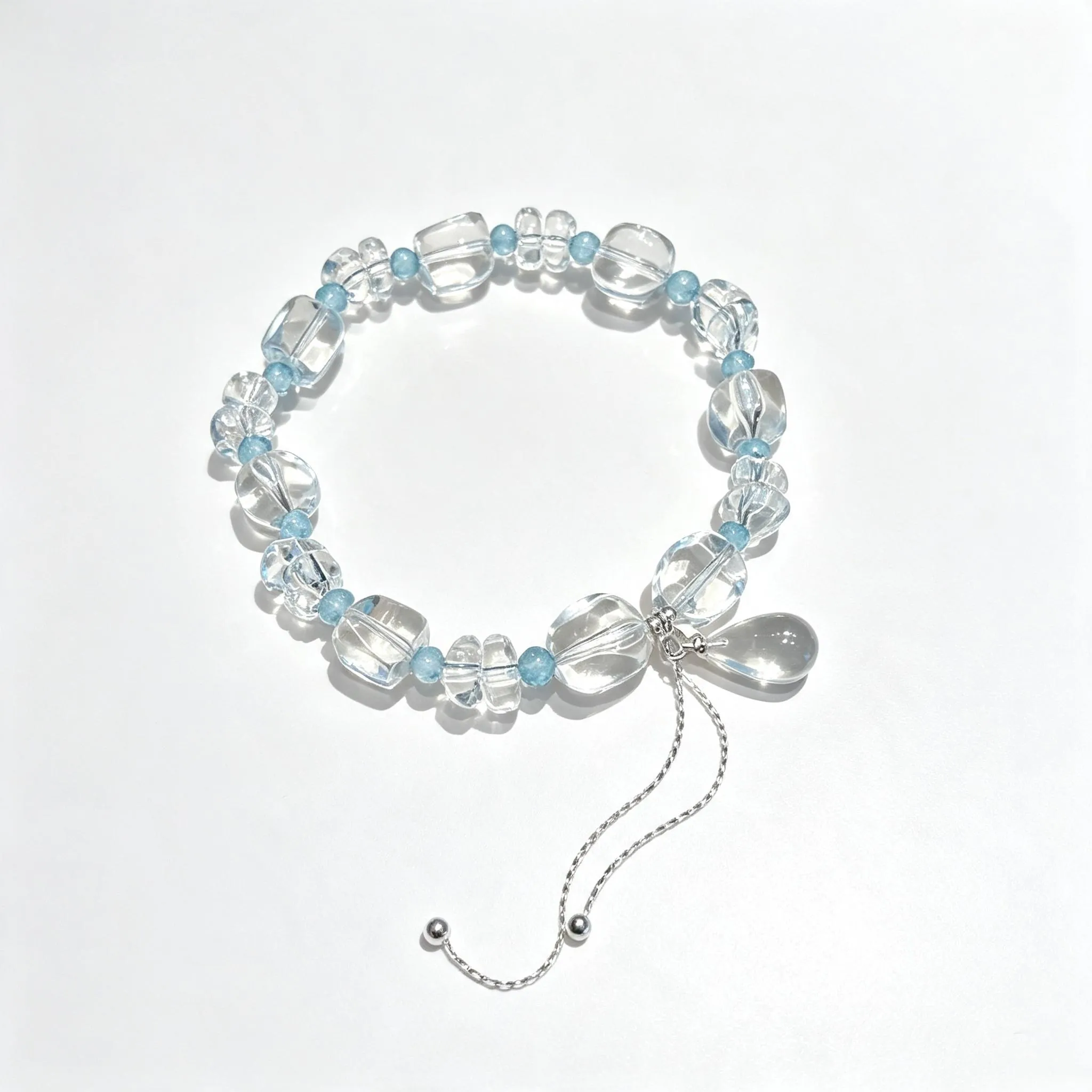 Clear Quartz & Blue Topaz Bracelet for Women | 10mm Crystal Beads with Teardrop Tassel | Summer Ice Bubble Accessory,Gelang,Tangan,Kemas,Gaya,Rantai,Pink