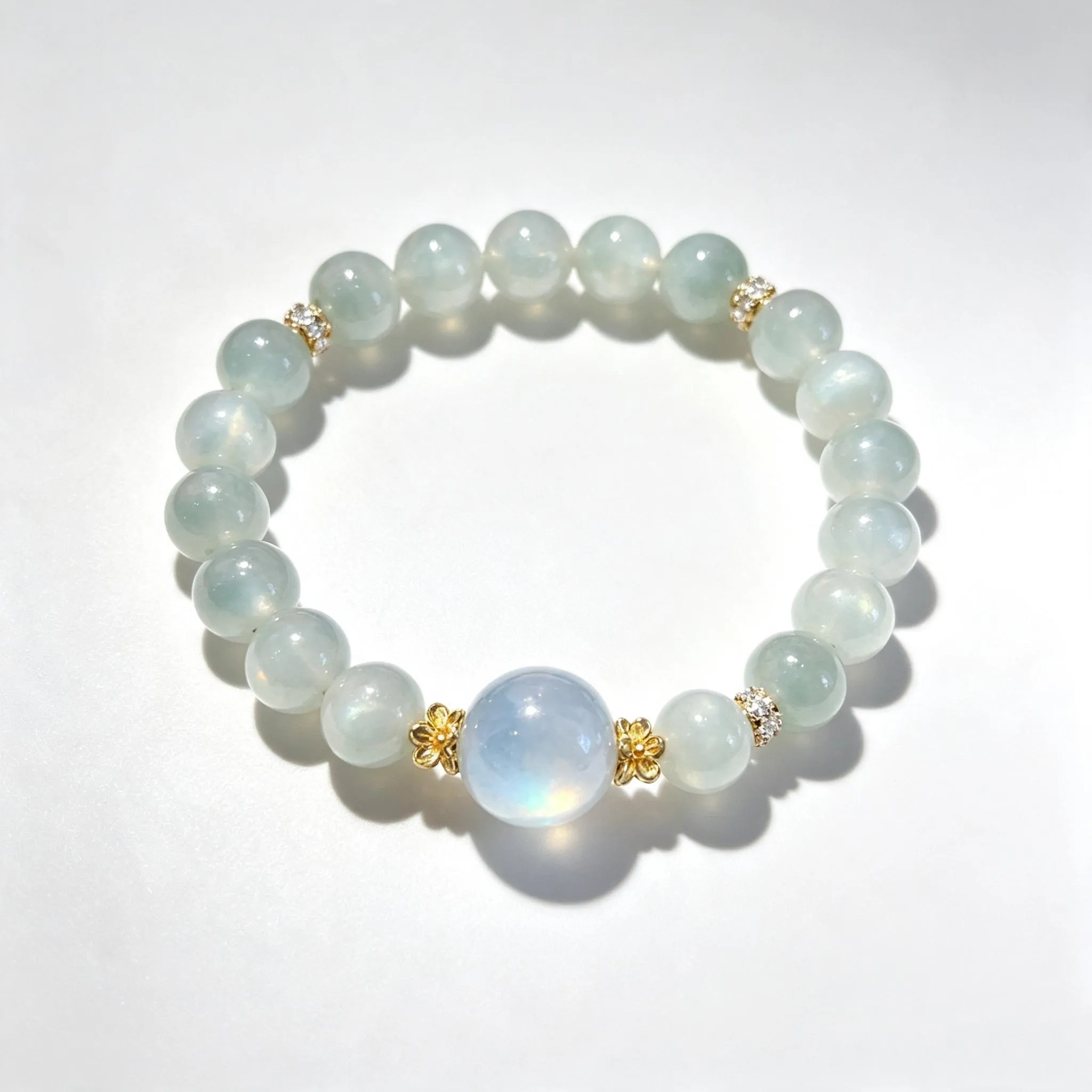 Green & Blue Moonstone Bracelet for Women | 9mm Beads with 13mm Center Stone | Cool Elegant Gift for Her,Gelang,Tangan,Pink