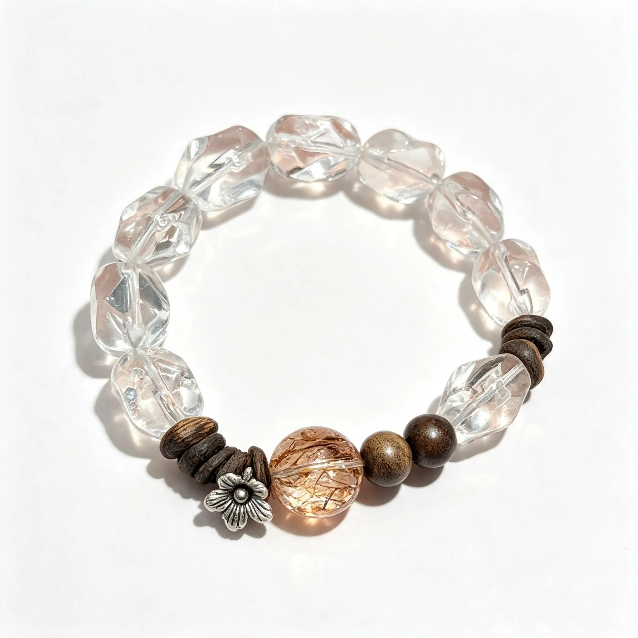 Clear Quartz & Dark Wood Bracelet for Women | Black Rutile Quartz Accent & Sunflower Charm | Zen Earthy Gift for Her,Gelang,Tangan,with