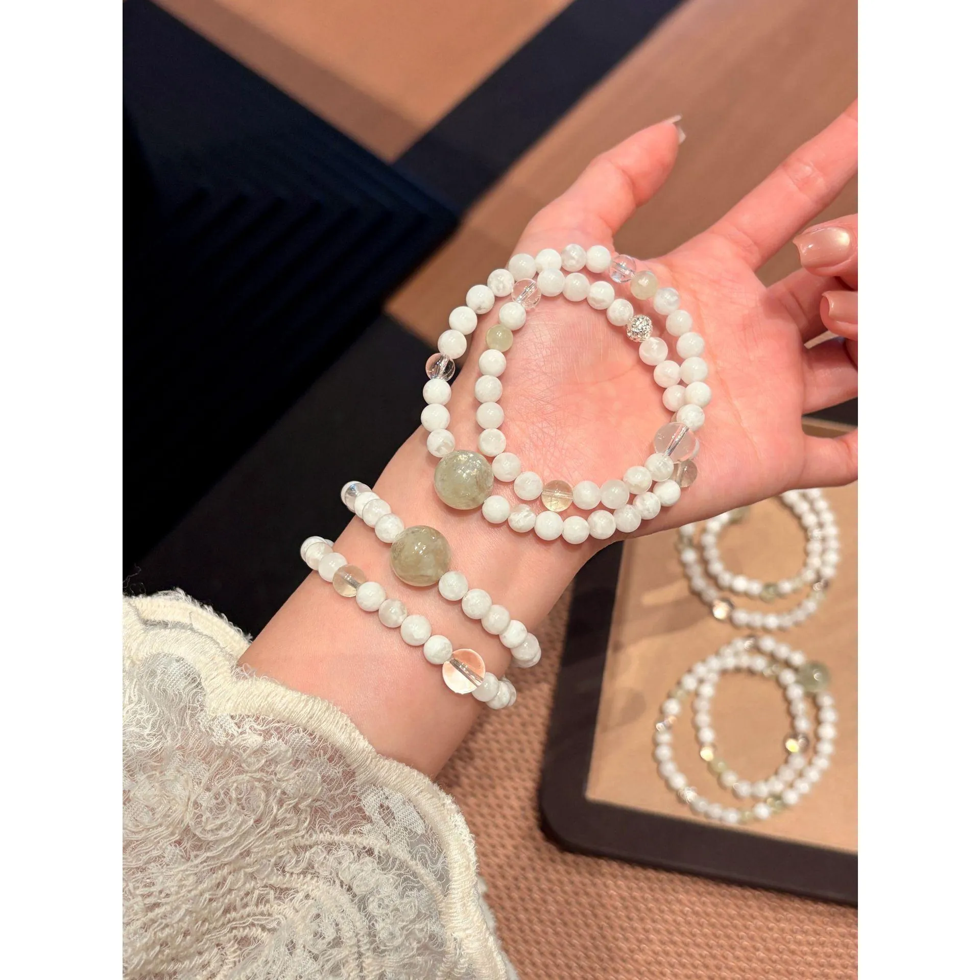 Snow Quartz & Green Fluorite Double-Wrap Bracelet| Cool Icy Elegance Aesthetic Stack| Minimalist Gift for Her,Gelang,with
