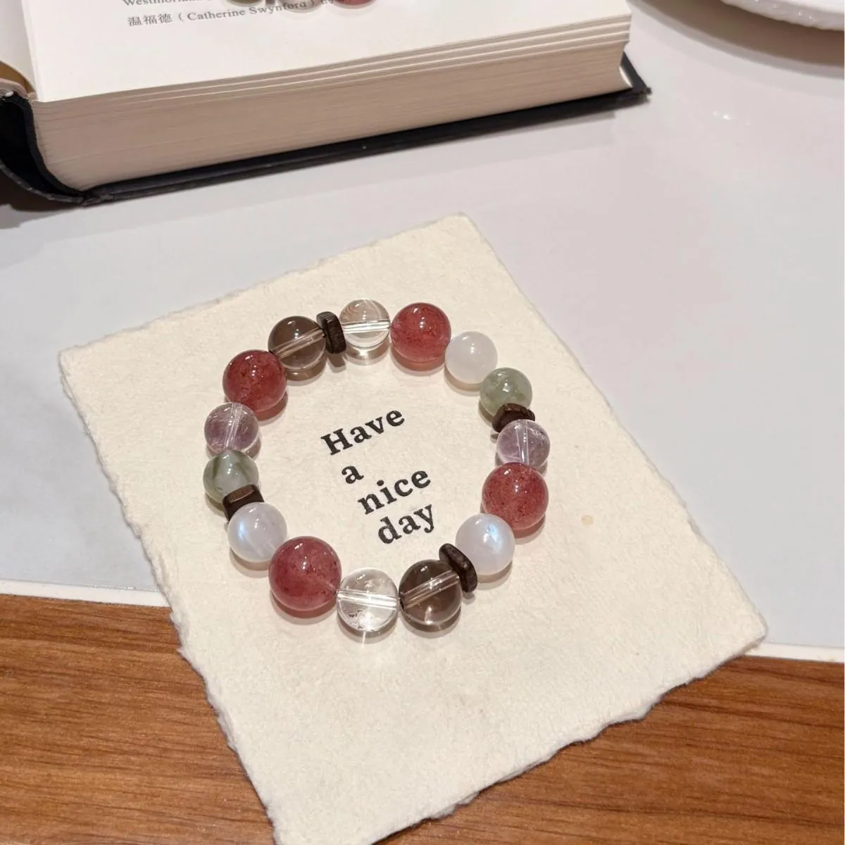 Natural Strawberry Quartz & Blue Moonstone Stretch Bracelet for Women |   Boho Healing Crystal Accessory Gift for Her,Gelang,with