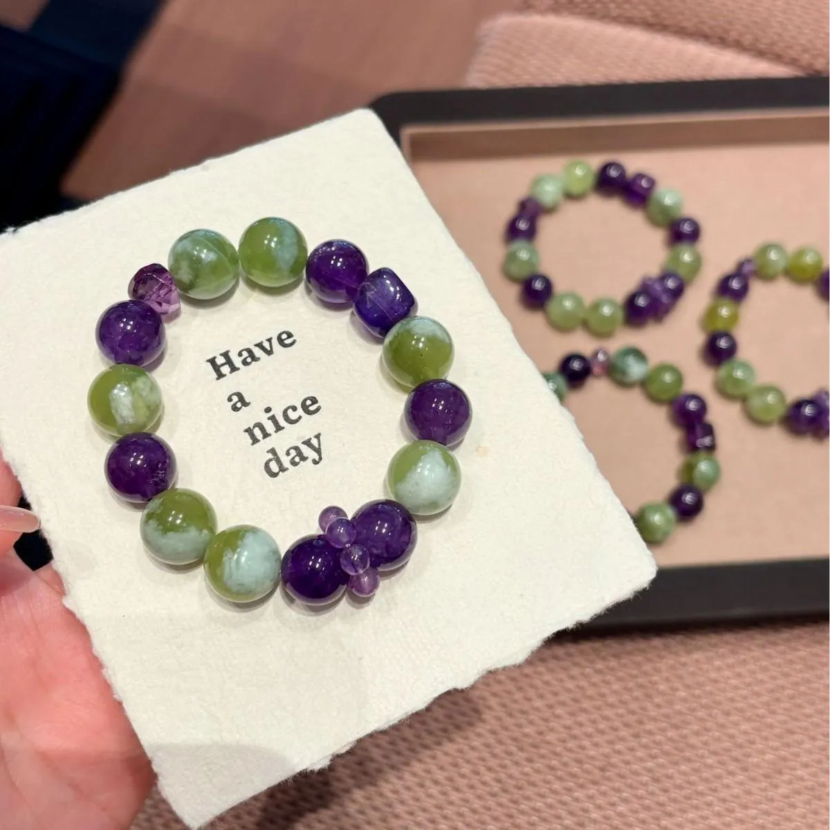 Moss Green Natural Stone & Amethyst Beaded Bracelet| Handmade Healing Crystal Stack for Women| Boho Minimalist Gift for Her,Gelang,with