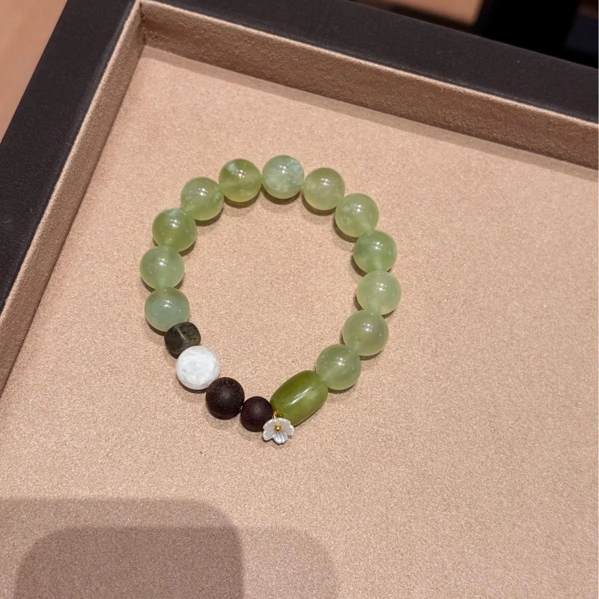 Pale Green Natural Stone & Wood Stretch Bracelet for Women| Zen Healing Accessory Gift for Her,Gelang,with