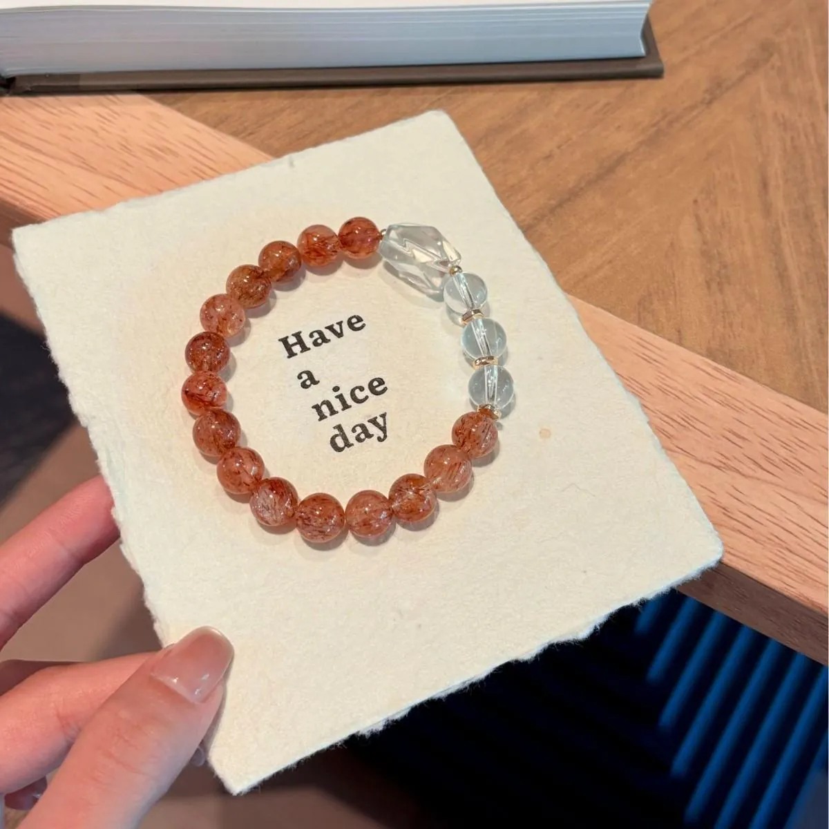 Natural Super Seven Quartz Beaded Bracelet |   Black Golden Thread Inclusions + Free-Form Clear Crystal |   Vintage Luxury Gift for Her,Gelang,Herkimer