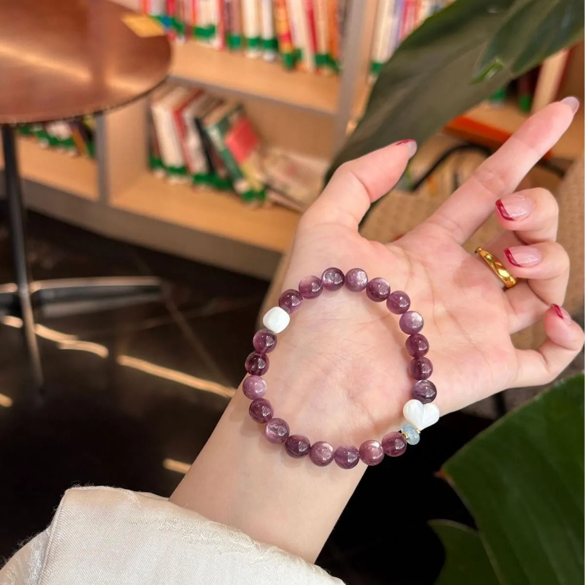 Natural Lepidolite Beaded Bracelet |   Lilac Purple Mica Beads + Shell Heart Charm |   Mermaidcore Aesthetic Gift for Her,Gelang,Herkimer