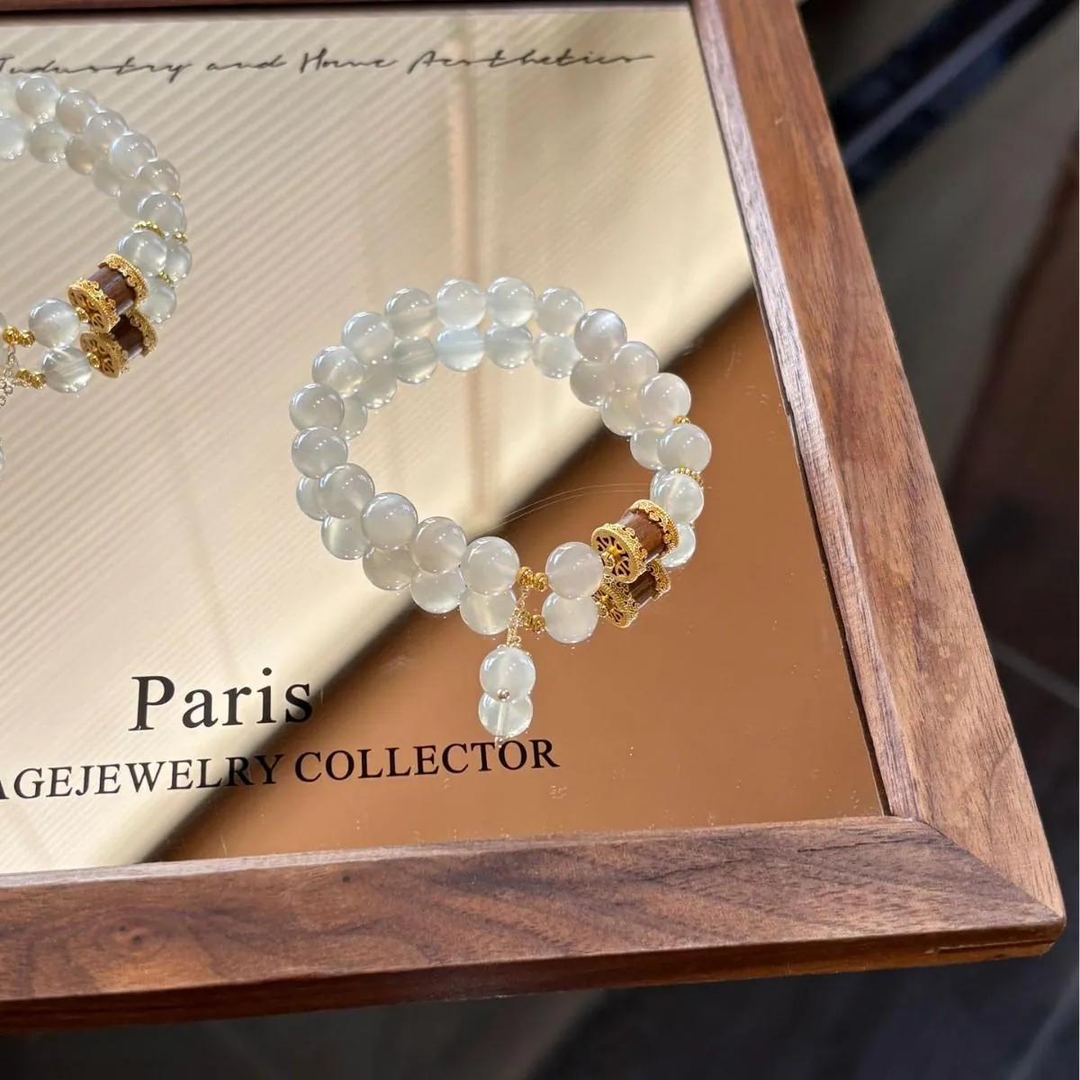 Natural Silver Moonstone Bracelet |   9mm Icy Beads with Gold Centerpiece & Drop Charm |   Soft Elegant Gift for Her