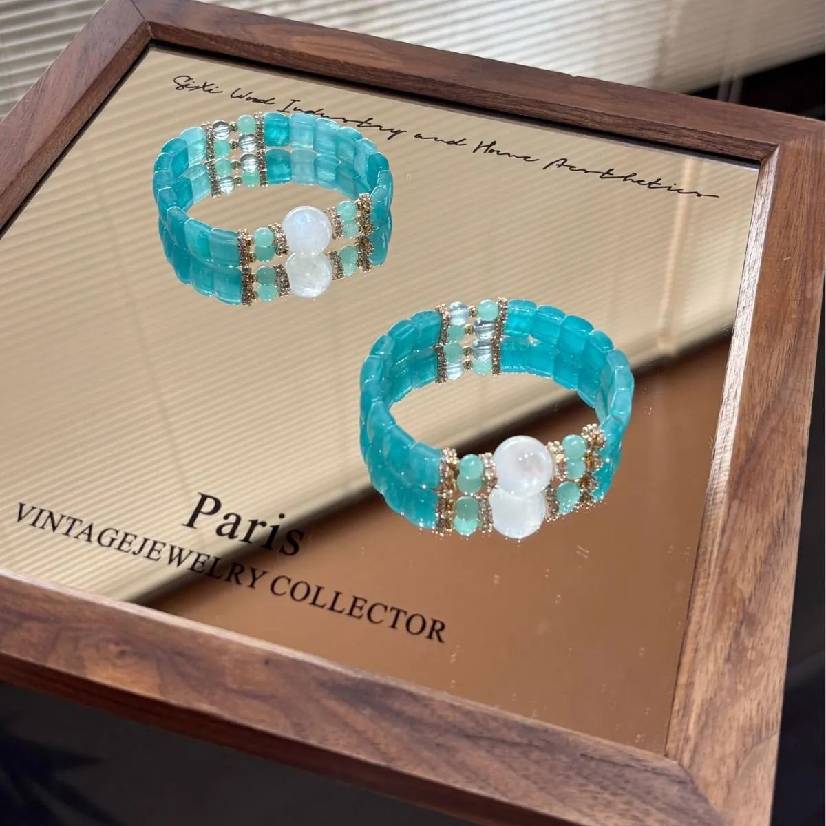 Untuk,Bergaya,Austria,Kristal,Tangan,Rhinestone,Flowers,Bow,Pink,with,Daily,Anniversary,Auspicious,Birthday,Gelang,Natural Amazonite Tile Bead Bracelet |   10mm Square Beads + Blue Moonstone Focal |  