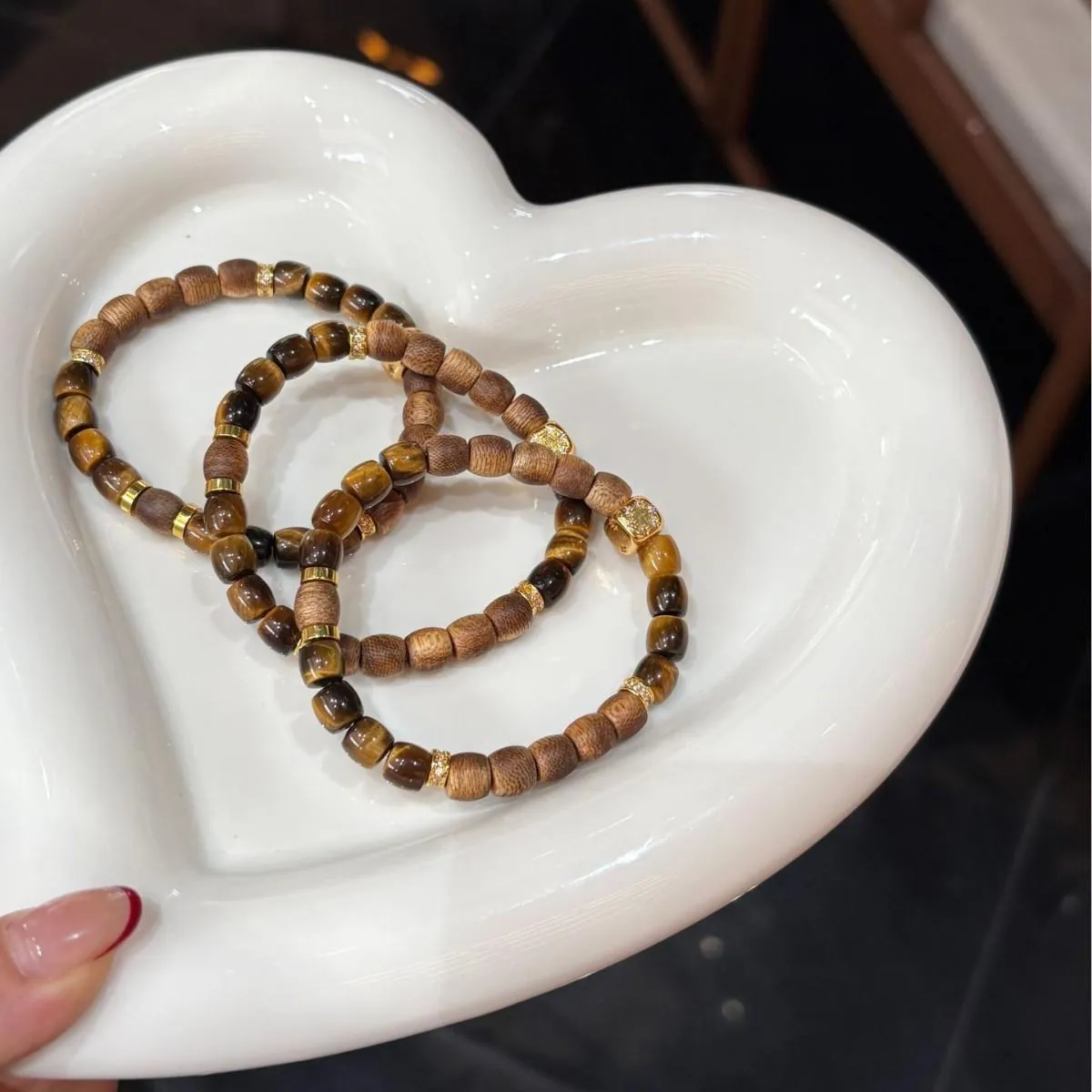 Untuk,Bergaya,Austria,Kristal,Tangan,Zircon,Rhinestone,Flowers,Bow,Pink,Daily,Anniversary,Auspicious,Birthday,Gelang,Natural Aromatic Wood & Tiger's Eye Bracelet |   7mm Barrel Beads with Gold Cube Ch