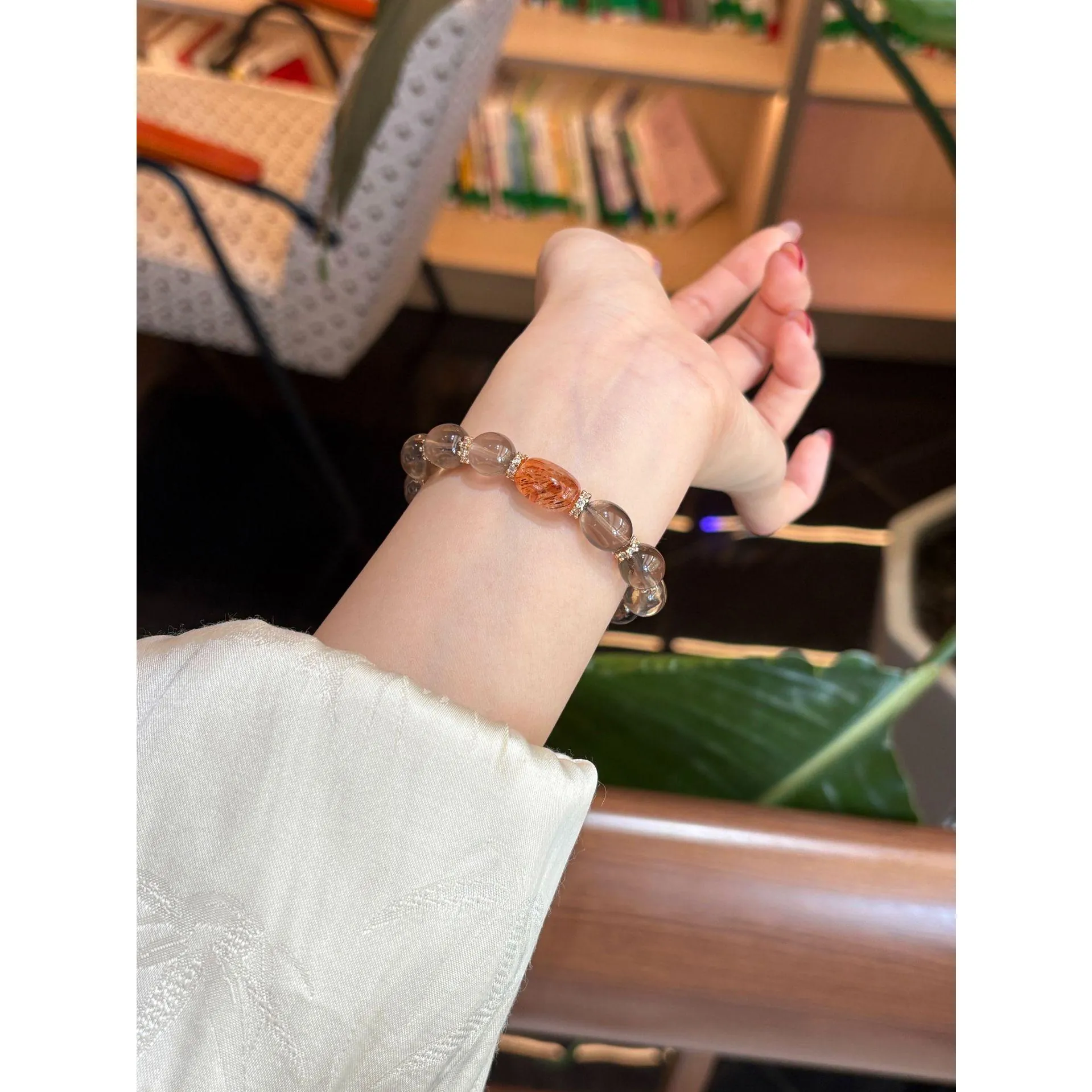 Flowers,Bow,Pink,with,Bracelet,Daily,Anniversary,Auspicious,Birthday,Gelang Tangan Smoky Quartz Asli 9mm| Manik Super Seven & Aksen Oren| Vintage Autumn Premium untuk Wanita| Hadiah untuknya yang menj