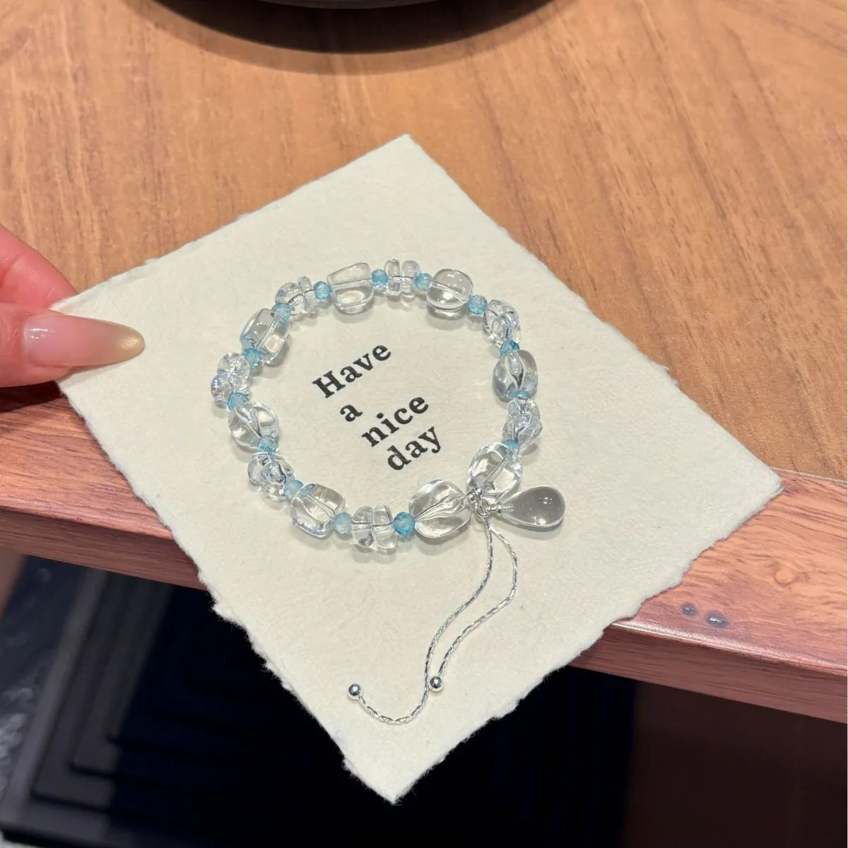 Clear Quartz & Blue Topaz Bracelet for Women | 10mm Crystal Beads with Teardrop Tassel | Summer Ice Bubble Accessory