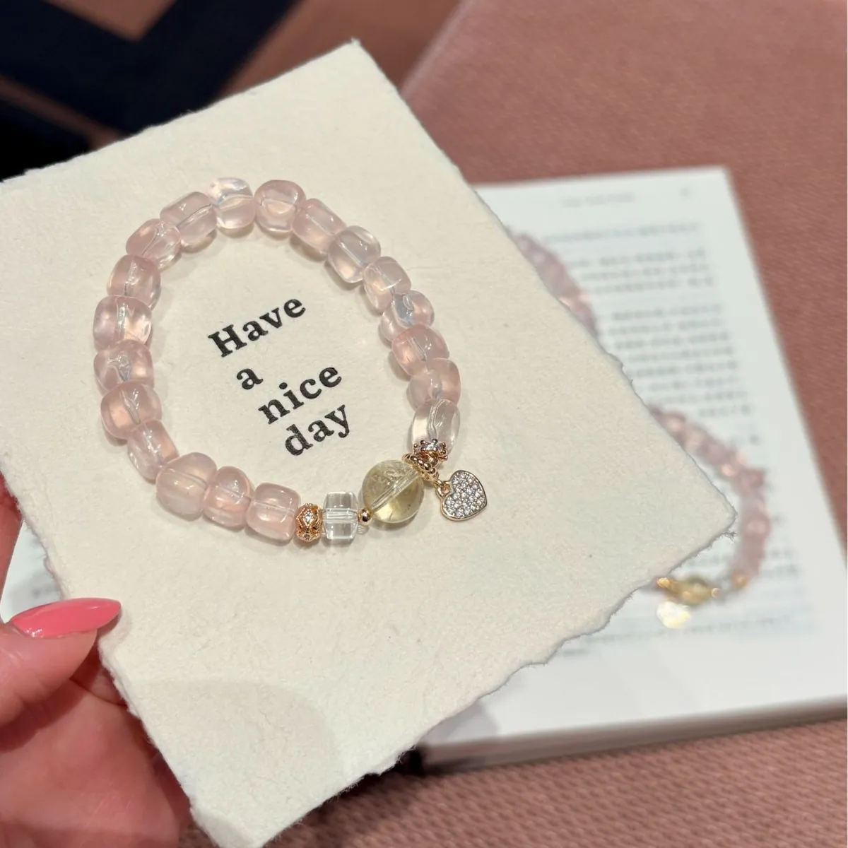 Pink Crystal Heart Bracelet for Women | 8mm Freeform Beads with Honey Yellow Accent | Sweet Gift for Her
