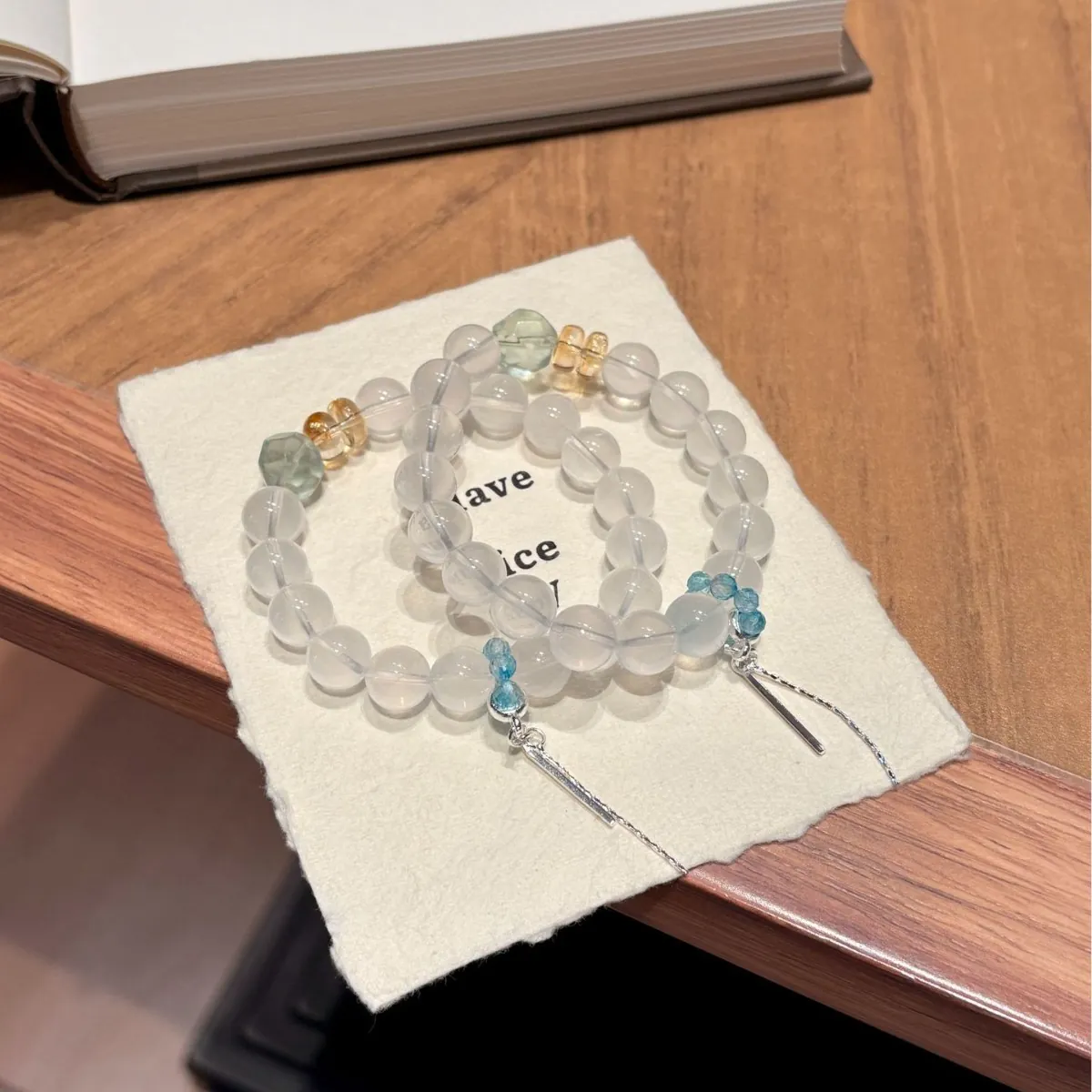 Milky White Crystal & Green Fluorite Bracelet for Women | 10mm Beads with Yellow Crystal Accents | Summer Fresh Tassel Bracelet